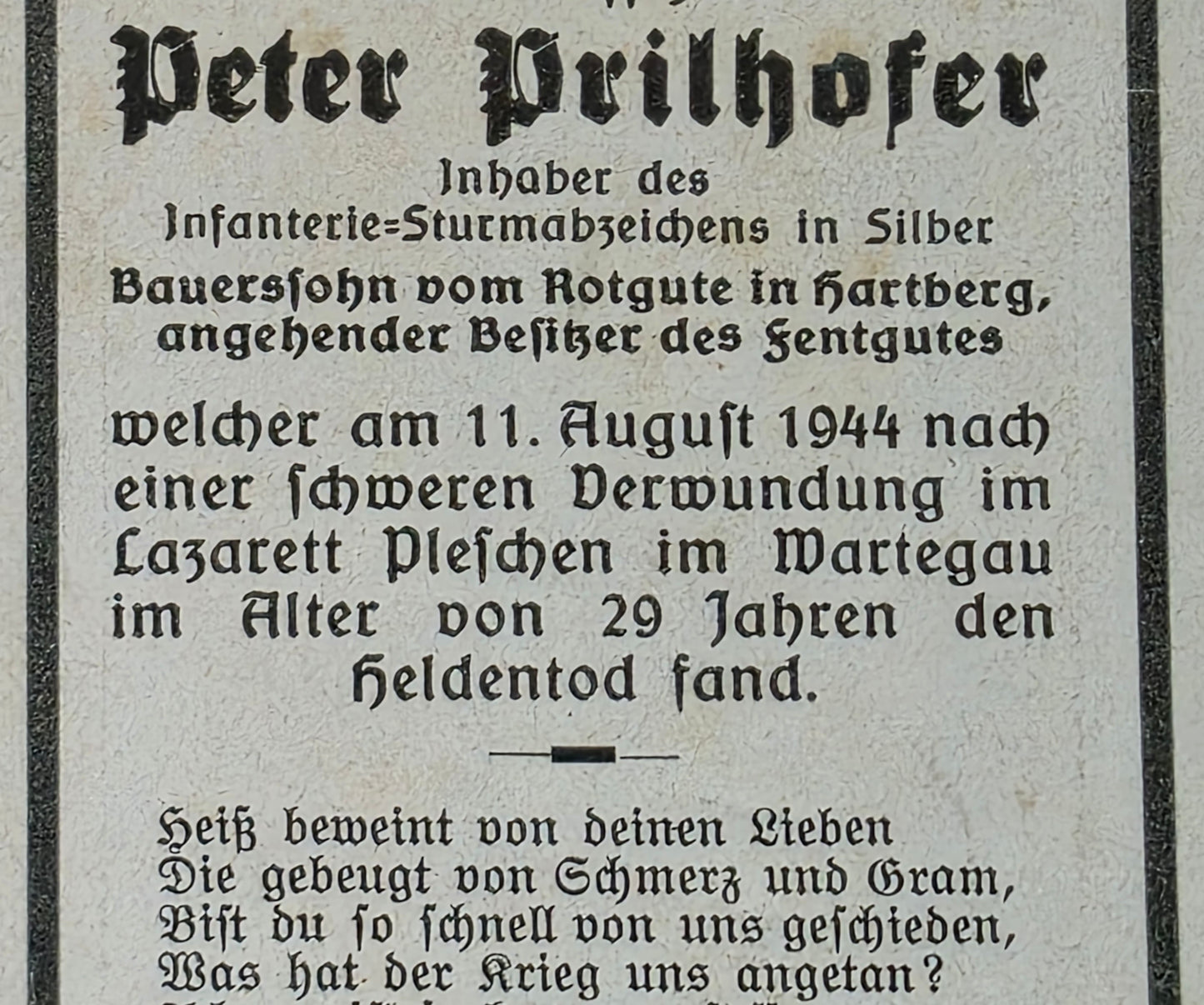 Sterbebild Unteroffizier Burgkirchen Reserve Laz.Pleszew Wartegau Polen