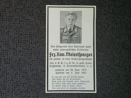Sterbebild Oberfeldwebel Waldmünchen Stabsstaffel Stuka-Geschwader 2 "Immelmann" FFS Gold Asperhöfen Österreich