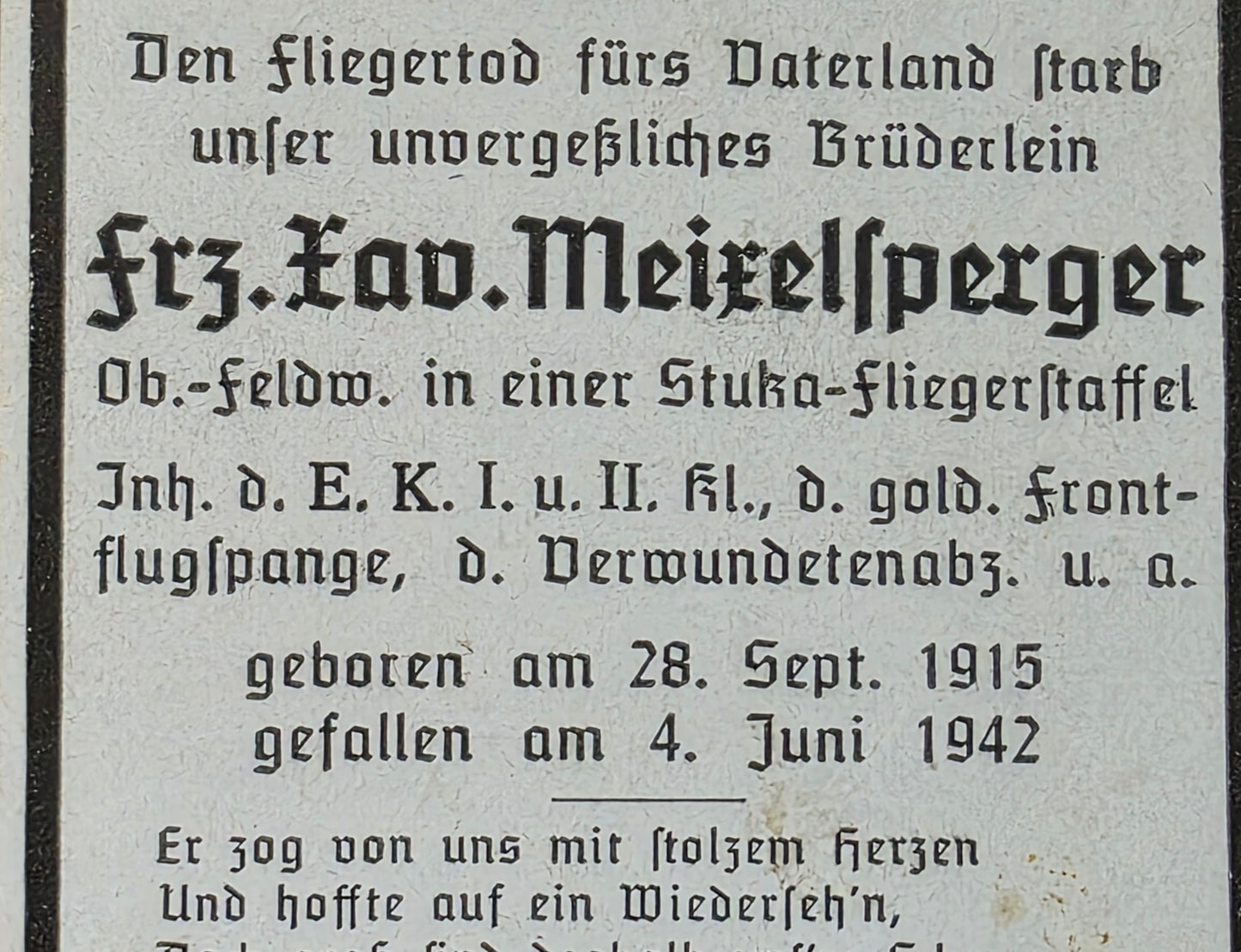 Sterbebild Oberfeldwebel Waldmünchen Stabsstaffel Stuka-Geschwader 2 "Immelmann" FFS Gold Asperhöfen Österreich
