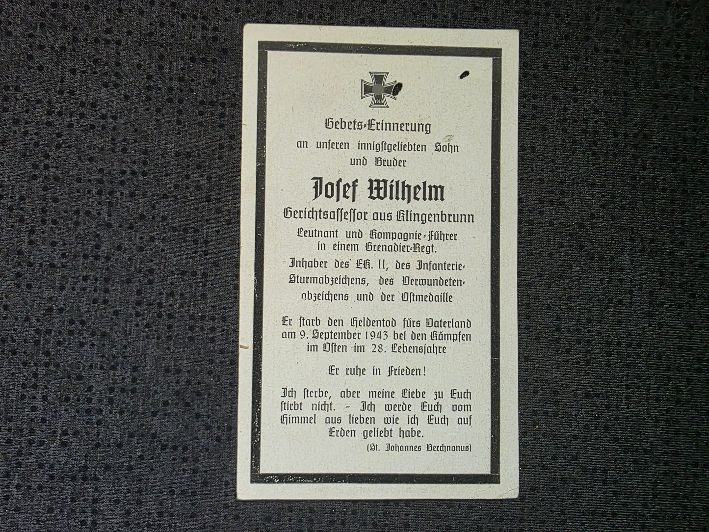 Sterbebild Leutnant & Kompanieführer Klingenbrunn Grenadier Regt. Koman Ukraine