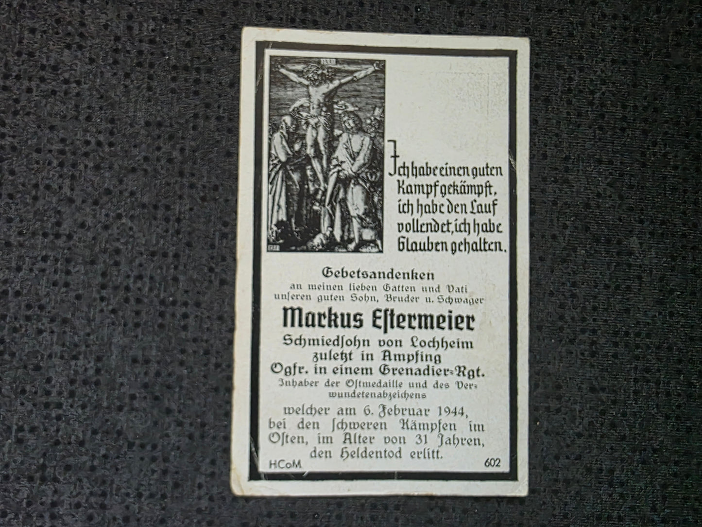 Sterbebild Obergefreiter Lochheim Grenadier Regt. Osten