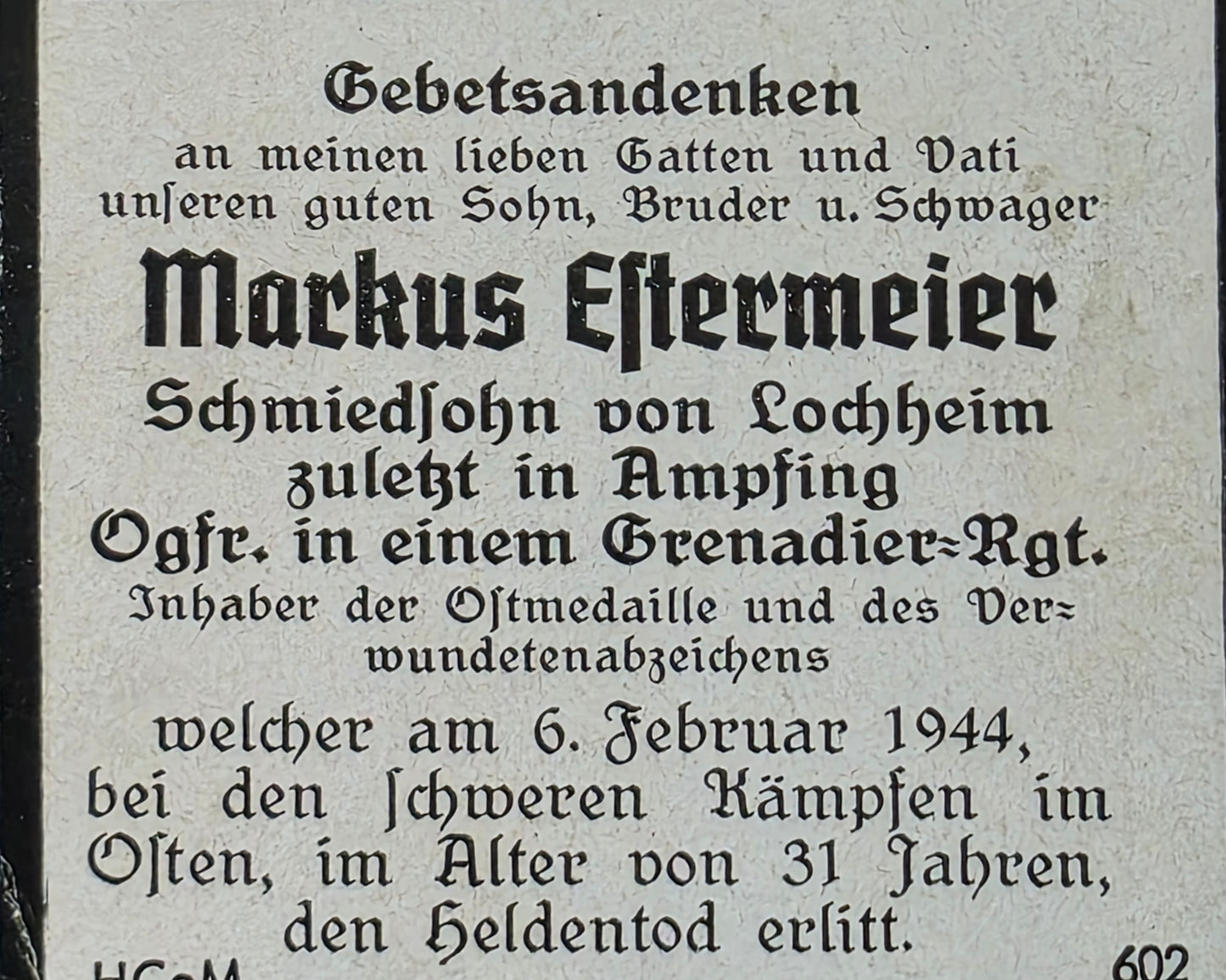 Sterbebild Obergefreiter Lochheim Grenadier Regt. Osten