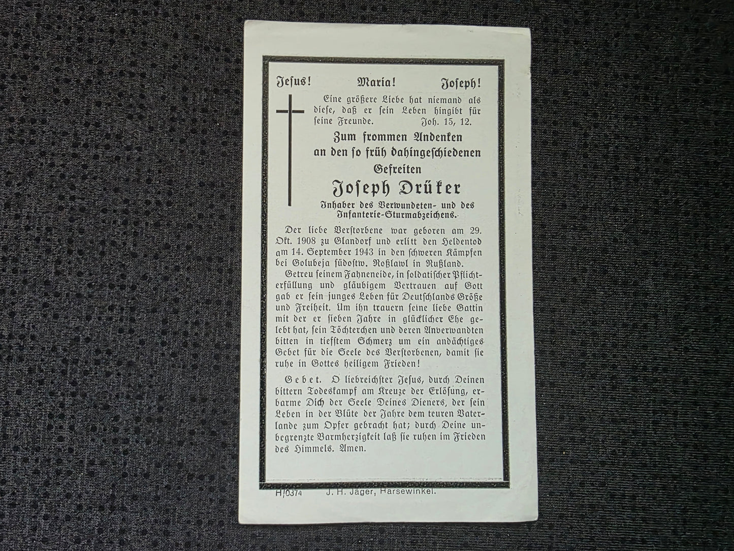 Sterbebild Gefreiter Glandorf 1. Komp. Gren. Regt. 430 Golubeja Russland