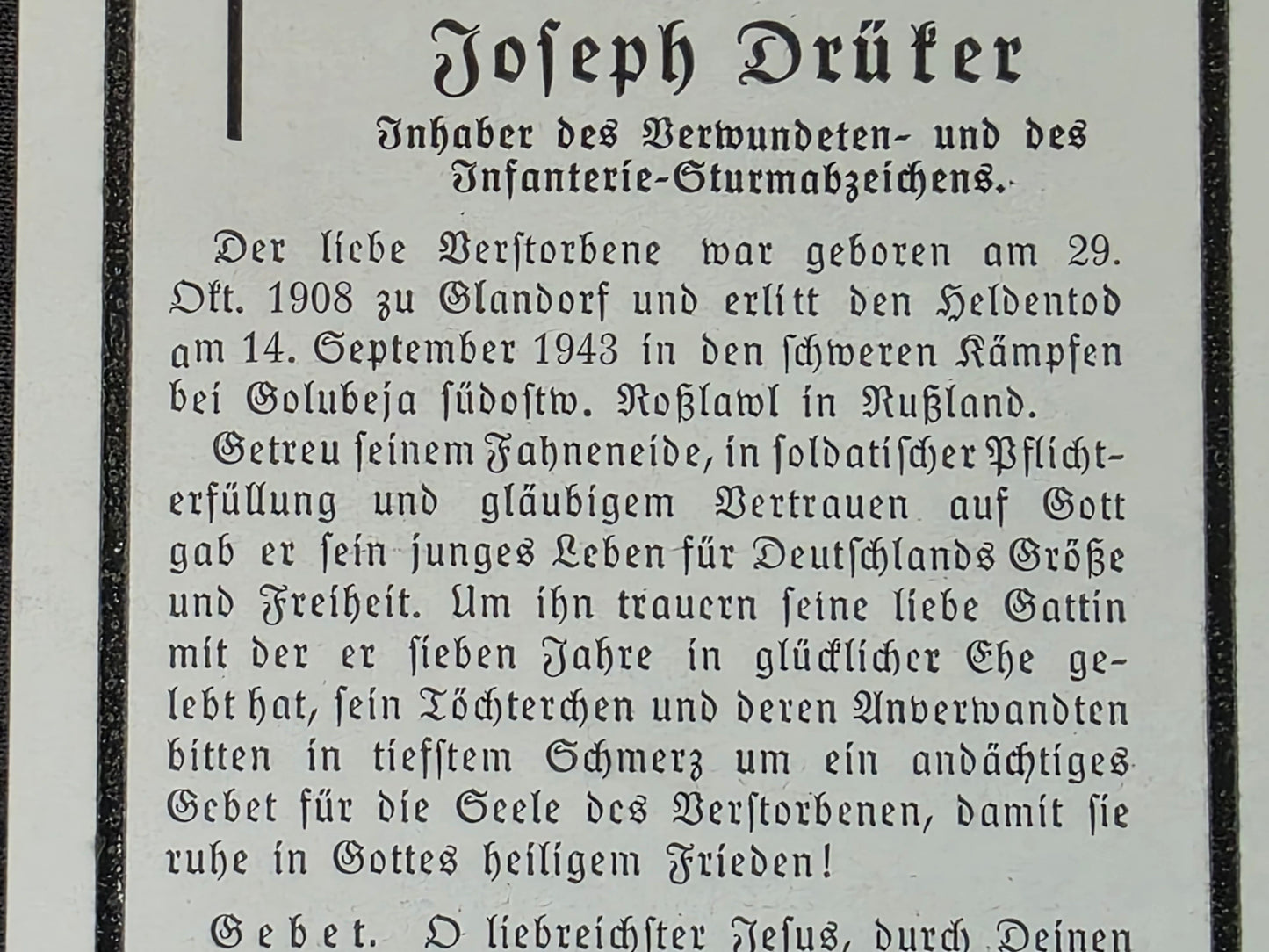 Sterbebild Gefreiter Glandorf 1. Komp. Gren. Regt. 430 Golubeja Russland