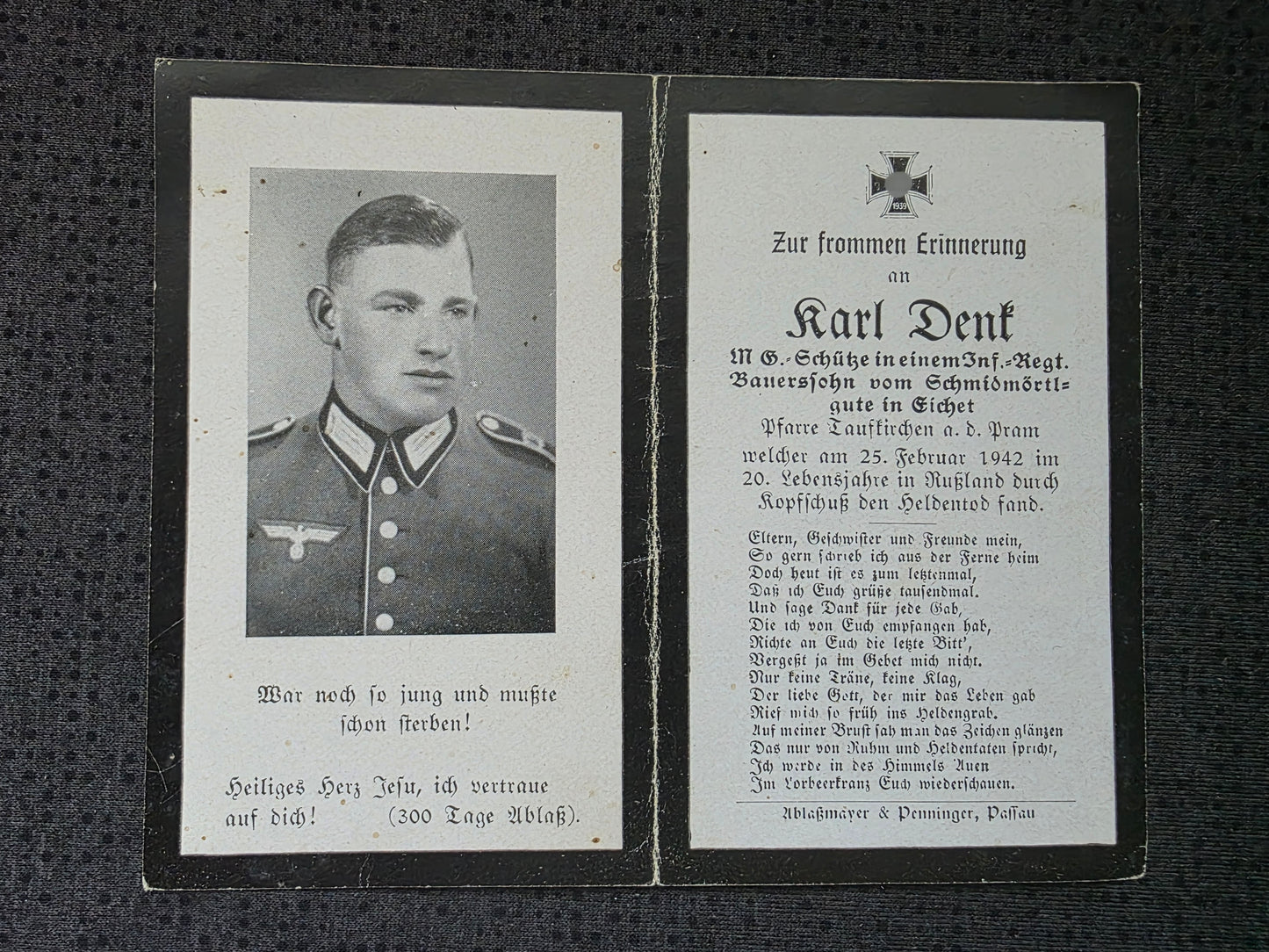 Sterbebild MG-Schütze Rainbach 9. Inf. Regt. 559 Adamowska Russland