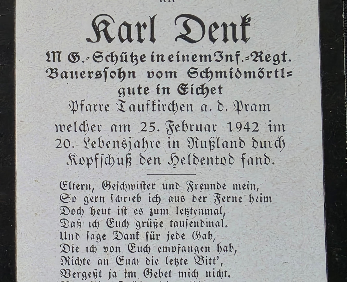 Sterbebild MG-Schütze Rainbach 9. Inf. Regt. 559 Adamowska Russland
