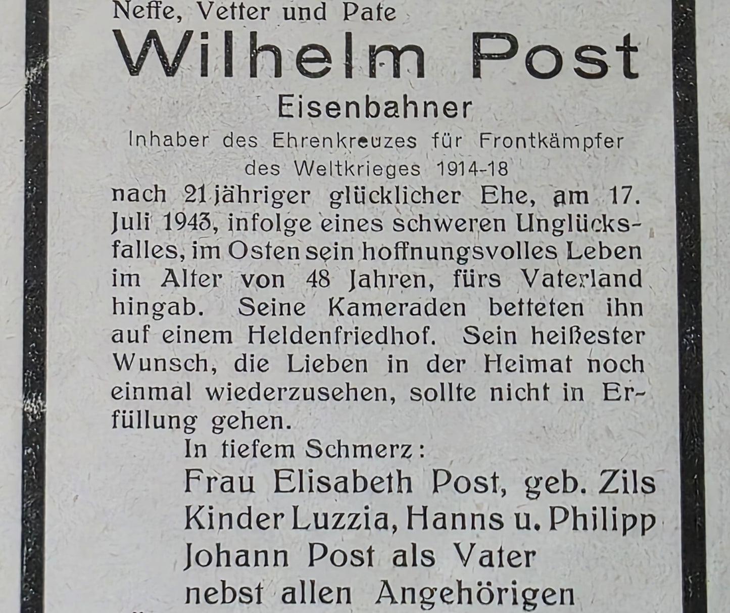 Sterbebild Eisenbahner Kärlich WK 1 Veteran Ehrenkreuz für Frontkämpfer Osten