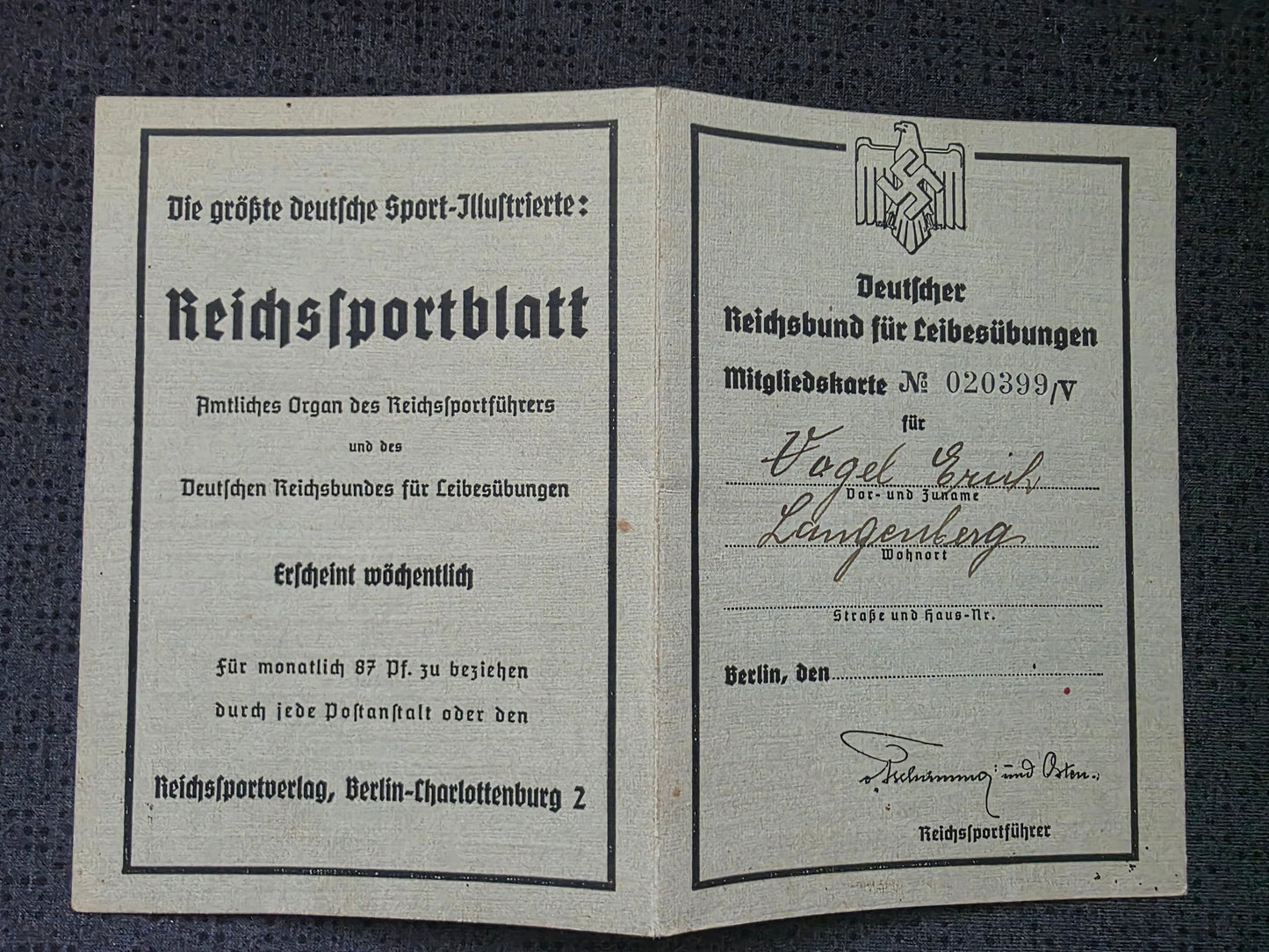 Mitgliedskarte "Deutscher Reichsbund für Leibesübungen" Reichsparteiblatt Reichssportverlag