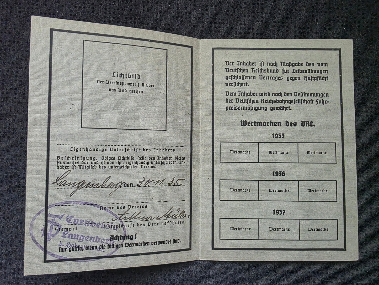 Mitgliedskarte "Deutscher Reichsbund für Leibesübungen" Reichsparteiblatt Reichssportverlag