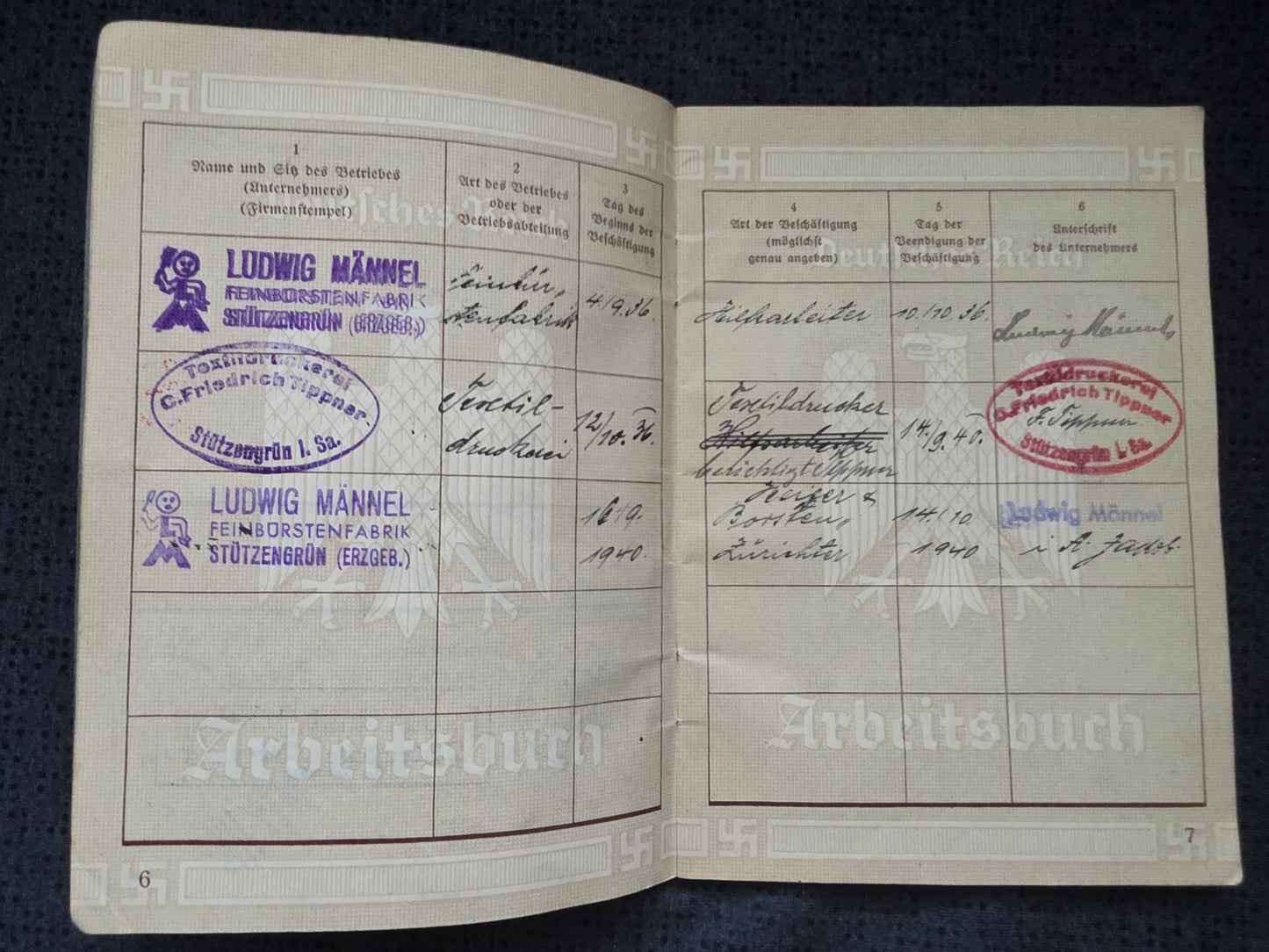 Deutsches Reich Arbeitsbuch Zwickau Luftfahrtfabrikarbeiter 1936