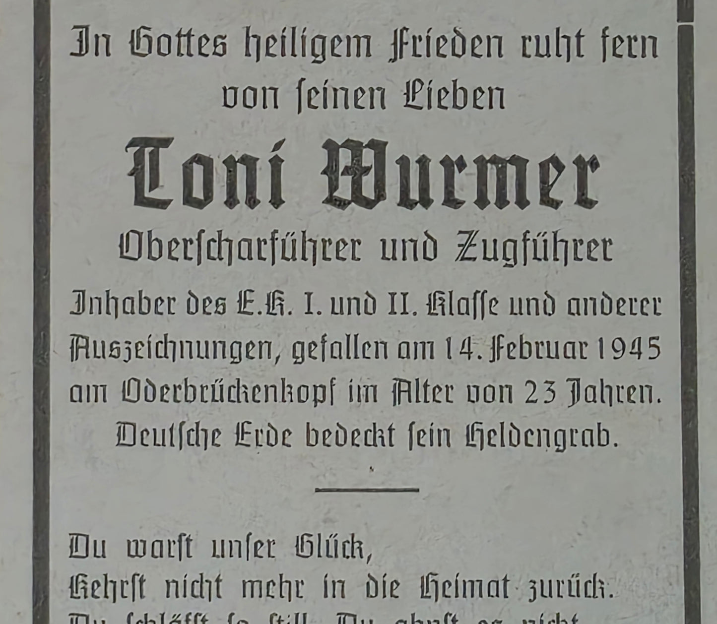Sterbebild SS-Oberscharführer Mittenwald Zugführer Oderbrückenkopf Frankfurt Oder