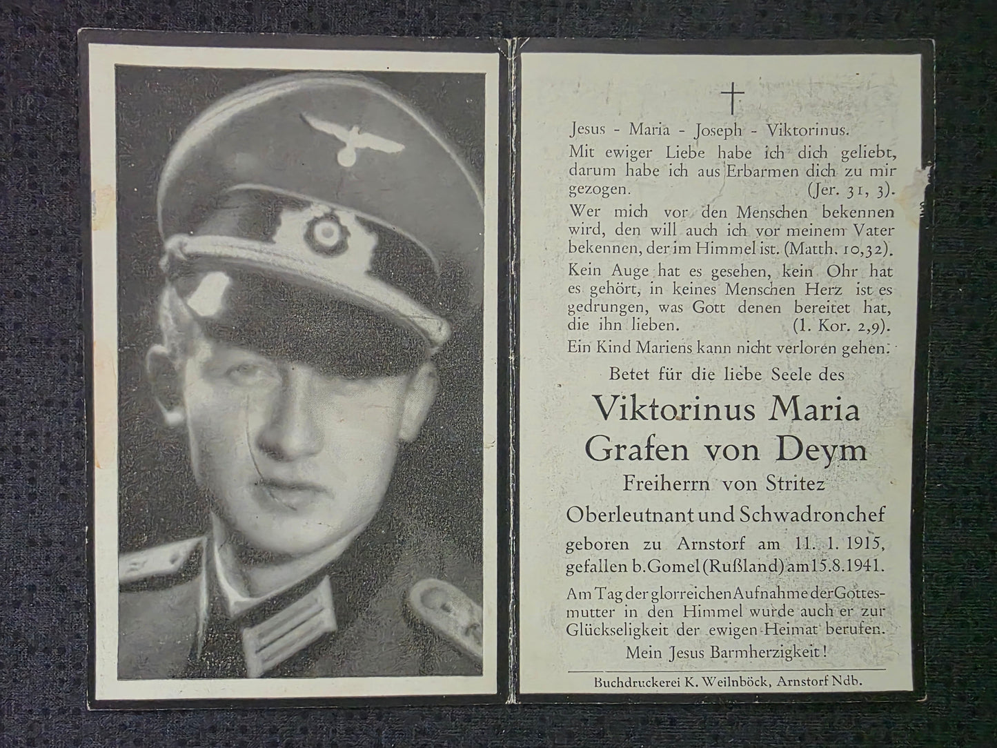 Sterbebild Oberleutnant Arnstorf Schwadronchef 4. (MG) Schweres Reiter Regt. 2 Ossobin Weissrussland