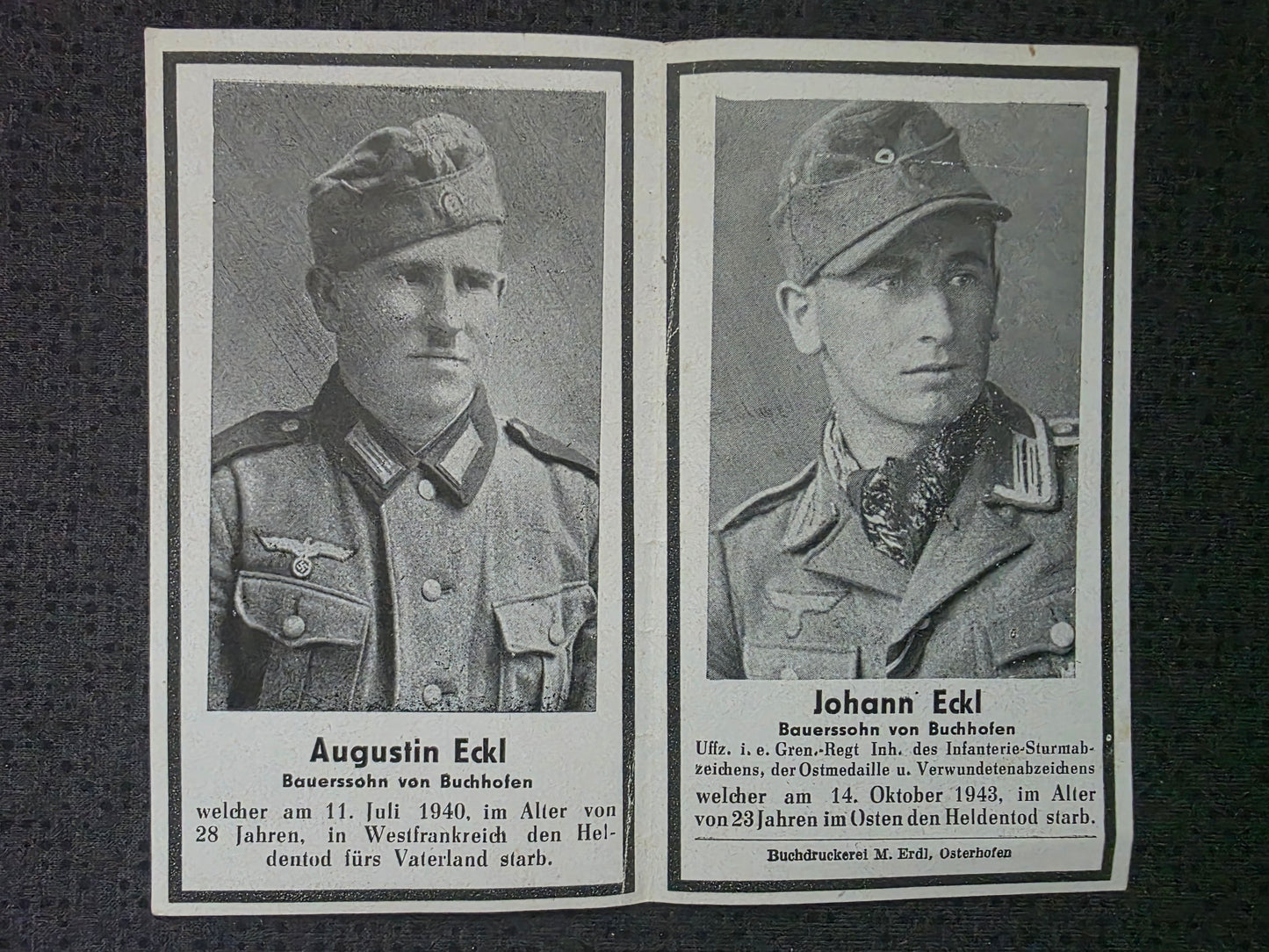 Sterbebild Brüder Buchhofen Soldat 2. Mot. San. Komp. 157 Alencon Frankreich Unteroffizier 4. Komp. Div. Füsilier Btl. 337 Ssukino