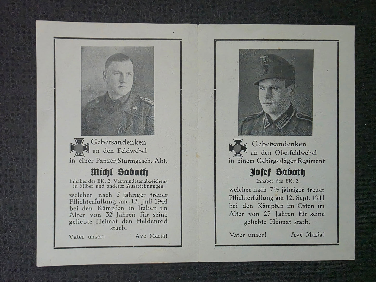 Sterbebild Brüder Trostberg Oberfeldwebel Sturmgeschütz Abt. 1305 Tregozzano Italien Gebirgsjäger 9. Komp. Geb. Jäger Regt. 98 Ukraine