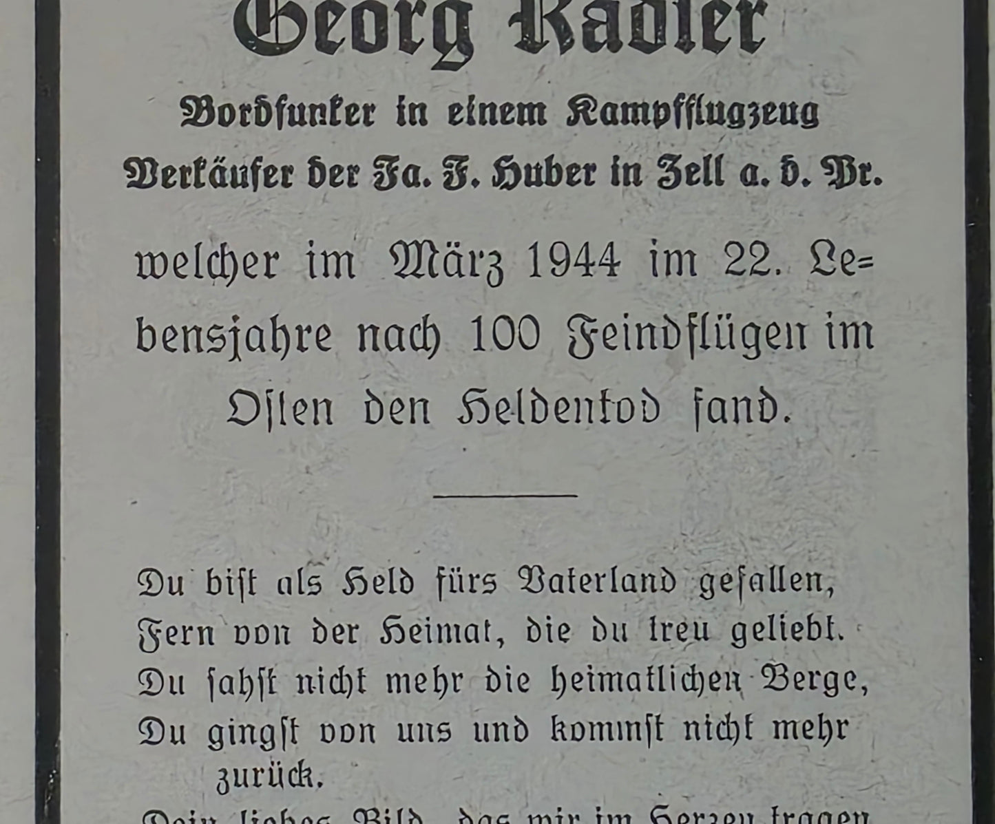 Sterbebild Gefreiter Linz Bordfunker 100. Feindflug Flugplatz Sarabus Krim Ukraine