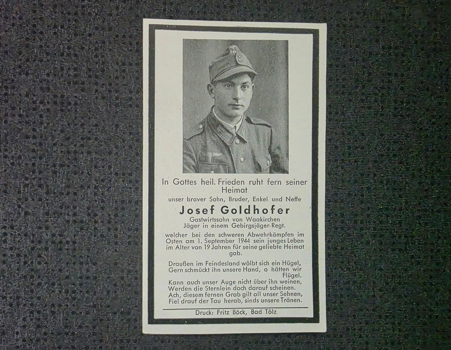Sterbebild Jäger Waakirchen Gebirgsjäger Regt. Bardo Siemianowice Śląskie Polen