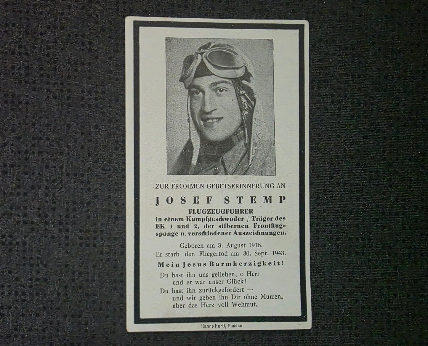 Sterbebild Unteroffizier Passau Pilot 8./LG-1 FFS silber Wiesbaden-Erbenheim