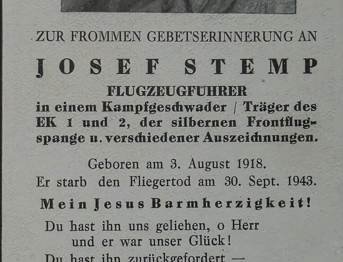 Sterbebild Unteroffizier Passau Pilot 8./LG-1 FFS silber Wiesbaden-Erbenheim