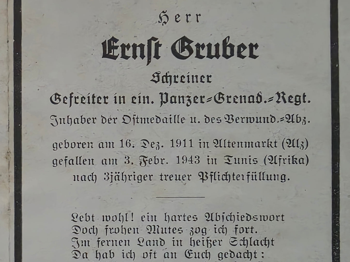 Sterbebild Gefreiter Altenmarkt Panzer-Grenadier Regt. DAK Afrika Tunis Tunesien