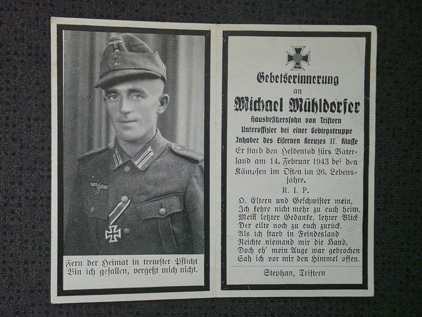 Sterbebild Unteroffizier Triftern Gebirgsjäger Regt. EK II Woroschilowgrad Ukraine