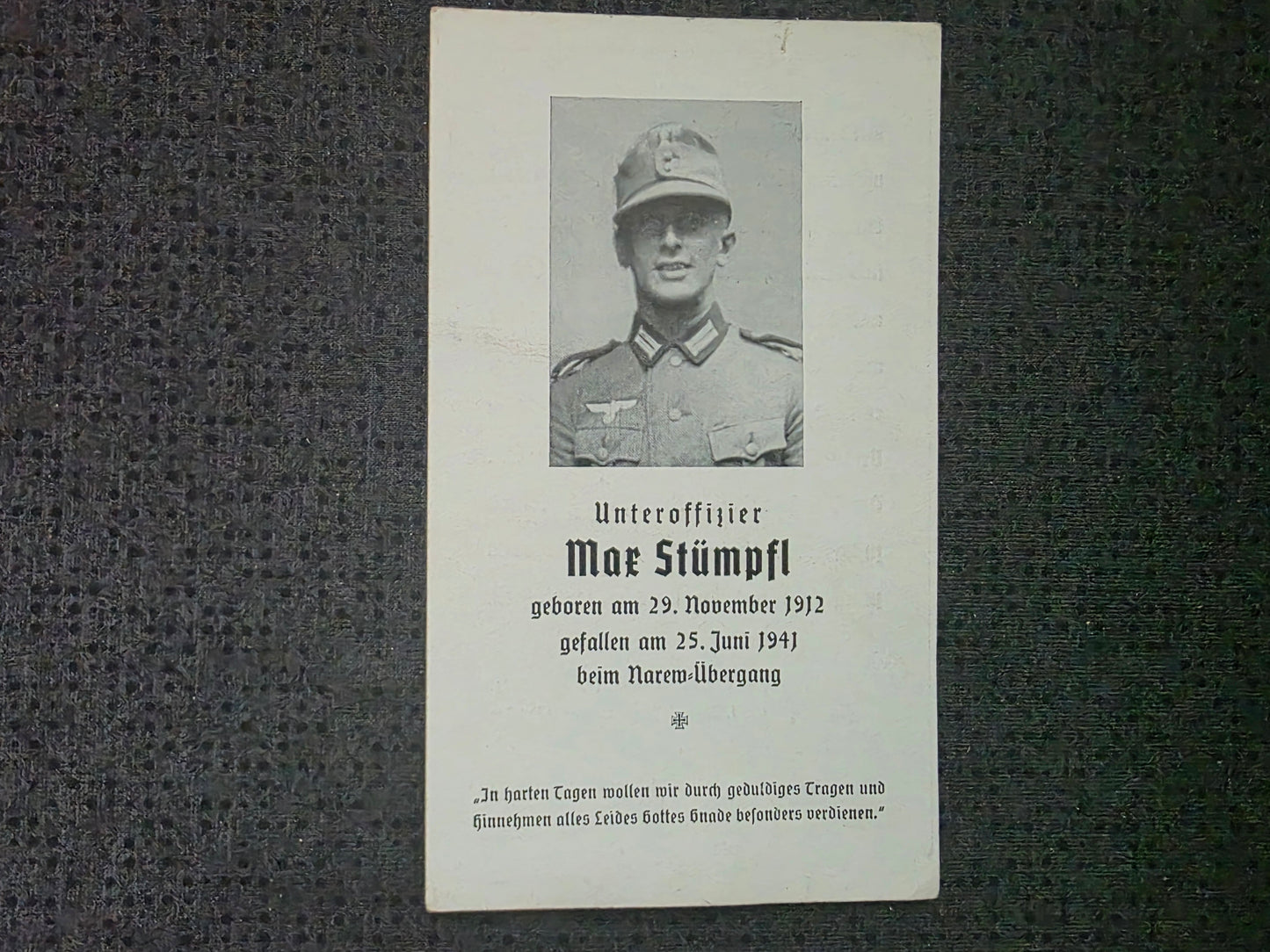 Sterbebild Unteroffizier München 9. Komp. Inf. Regt. 499 Narew-Übergang Polen