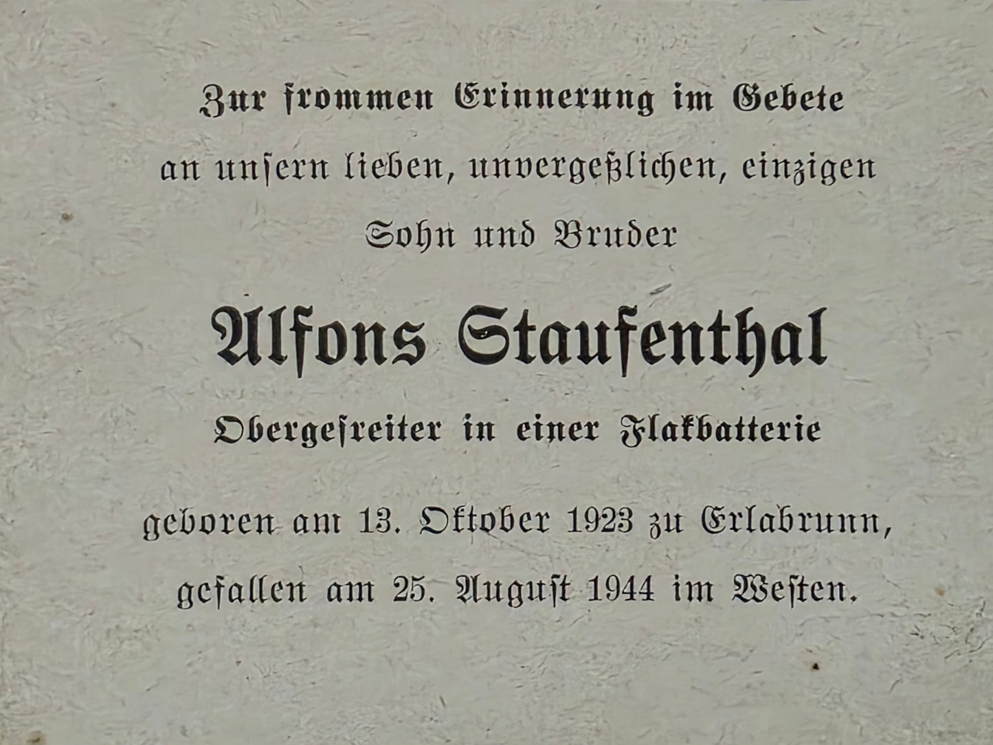 Sterbebild Obergefreiter Erlabrunn 4. Flakscheinwerfer Abt. 468 Westen Fort-de-Malmaison Frankreich