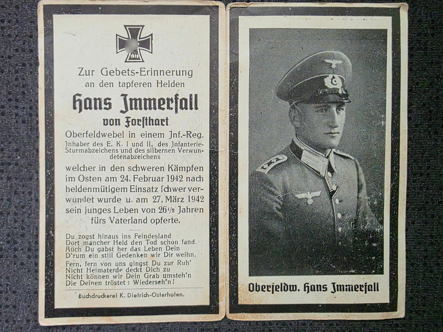 Sterbebild Oberfeldwebel Heilbergskofen 2. Komp. Inf. Regt. 463 Feldlaz. 3/605 Roslawl Russland