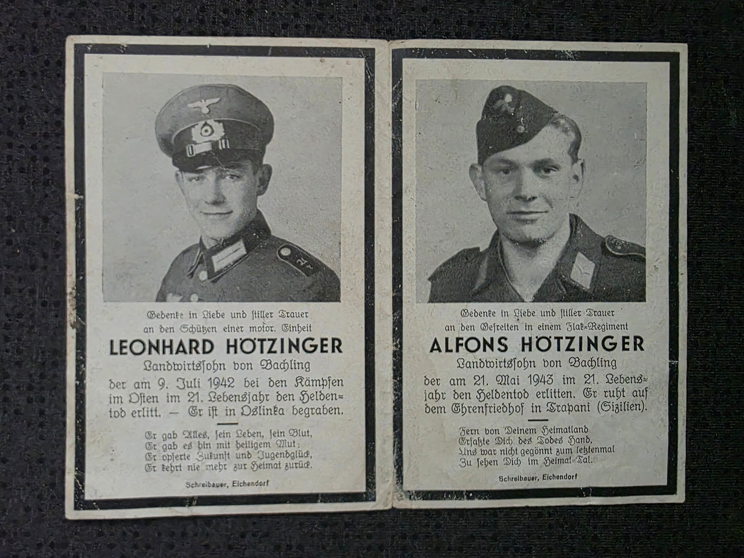 Sterbebild Brüder Bachling Schütze 3. Kradschützen Btl. 17 Gefreiter 3. Schwere Flak-Abt 212 Castelvetrano Trapani Sizilien Italien