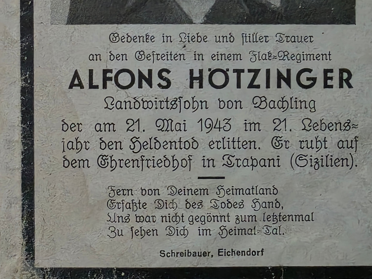 Sterbebild Brüder Bachling Schütze 3. Kradschützen Btl. 17 Gefreiter 3. Schwere Flak-Abt 212 Castelvetrano Trapani Sizilien Italien