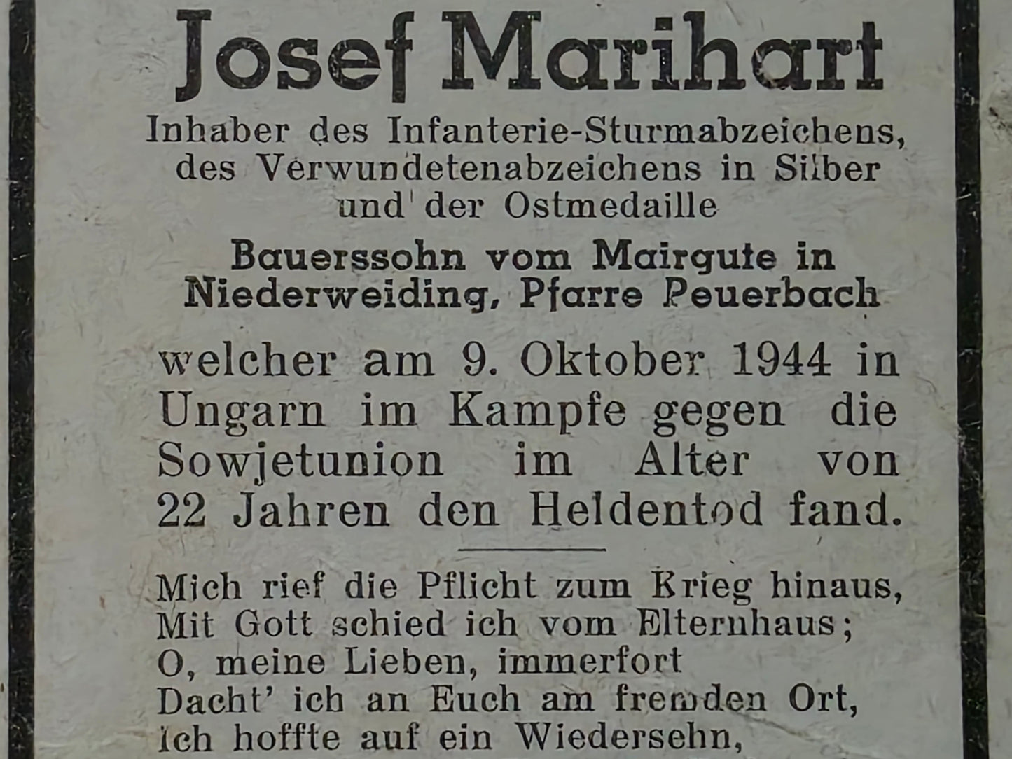 Sterbebild Obergefreiter Bruck Gebirgsjäger Regt. Ungarn Hunkovce Slowakei