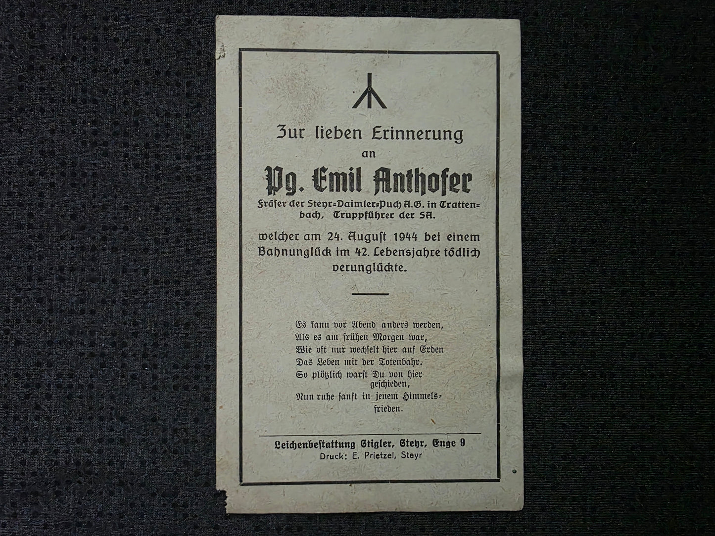 Sterbebild Truppführer der SA Trattenbach Bahnunglück 1944
