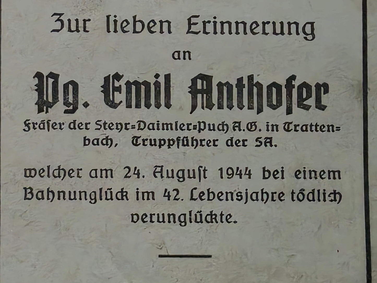 Sterbebild Truppführer der SA Trattenbach Bahnunglück 1944
