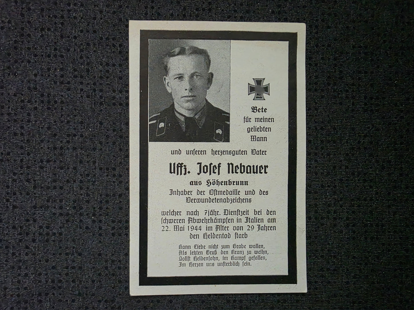 Sterbebild Unteroffizier Höhenbrunn Panzer Regt. Abwehrkampf Italien