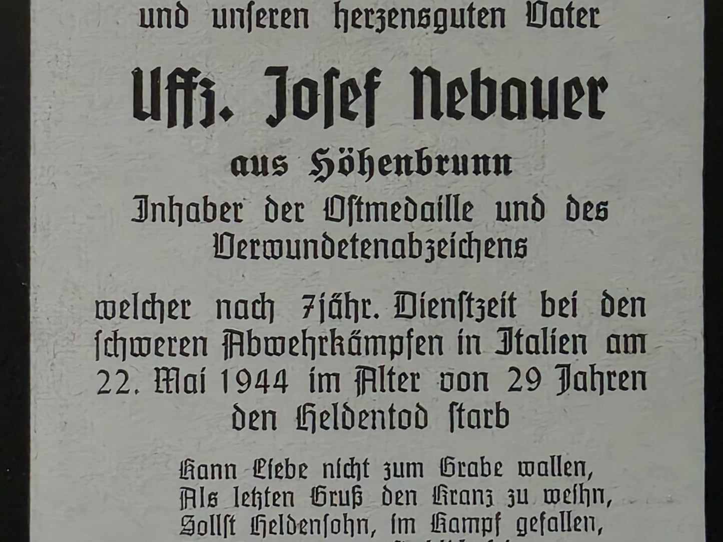 Sterbebild Unteroffizier Höhenbrunn Panzer Regt. Abwehrkampf Italien