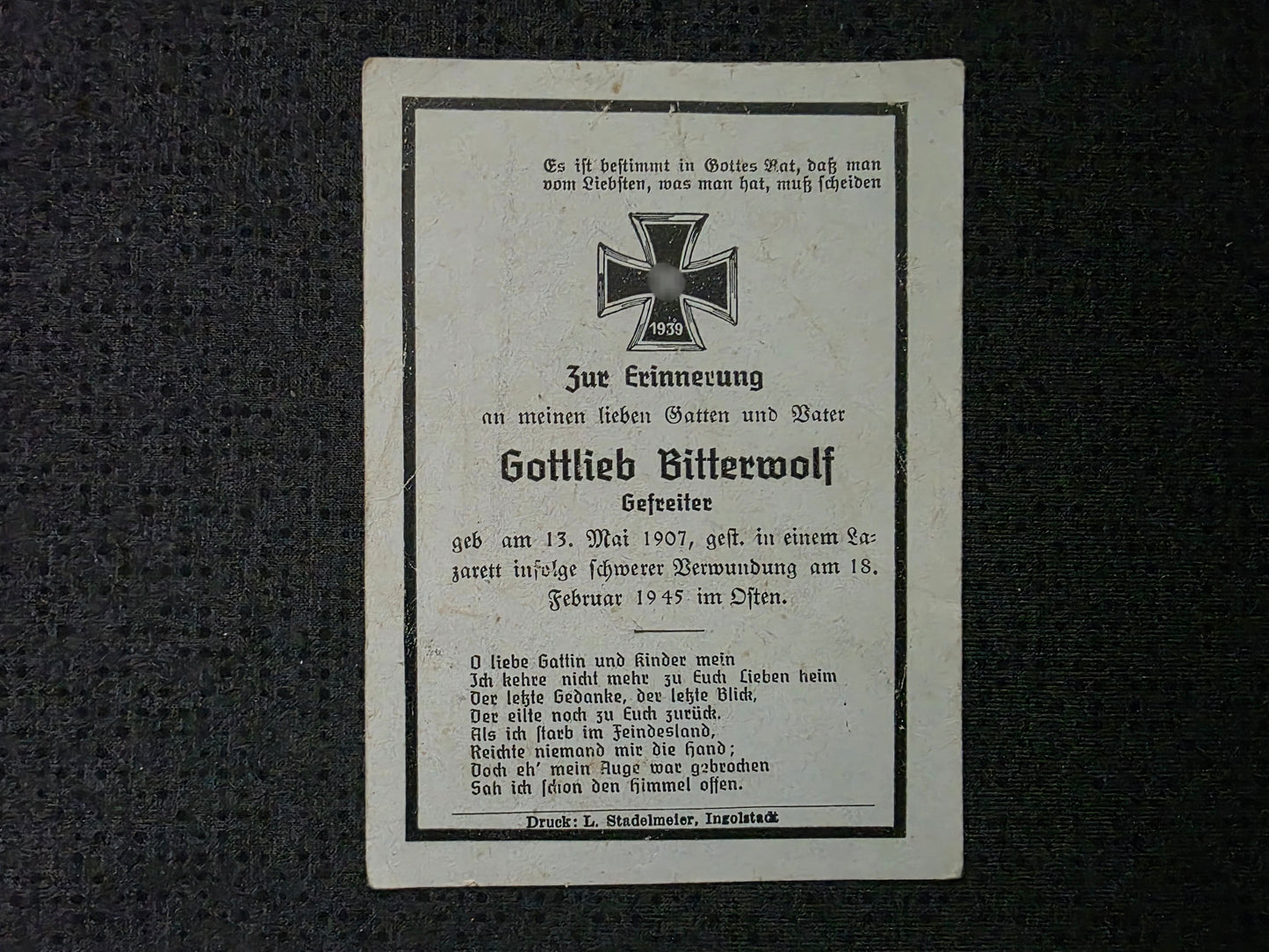 Sterbebild Gefreiter Untermaxfeld 2. Feld-Ersatz Btl. 195 Endkampf Kopenhagen Dänemark
