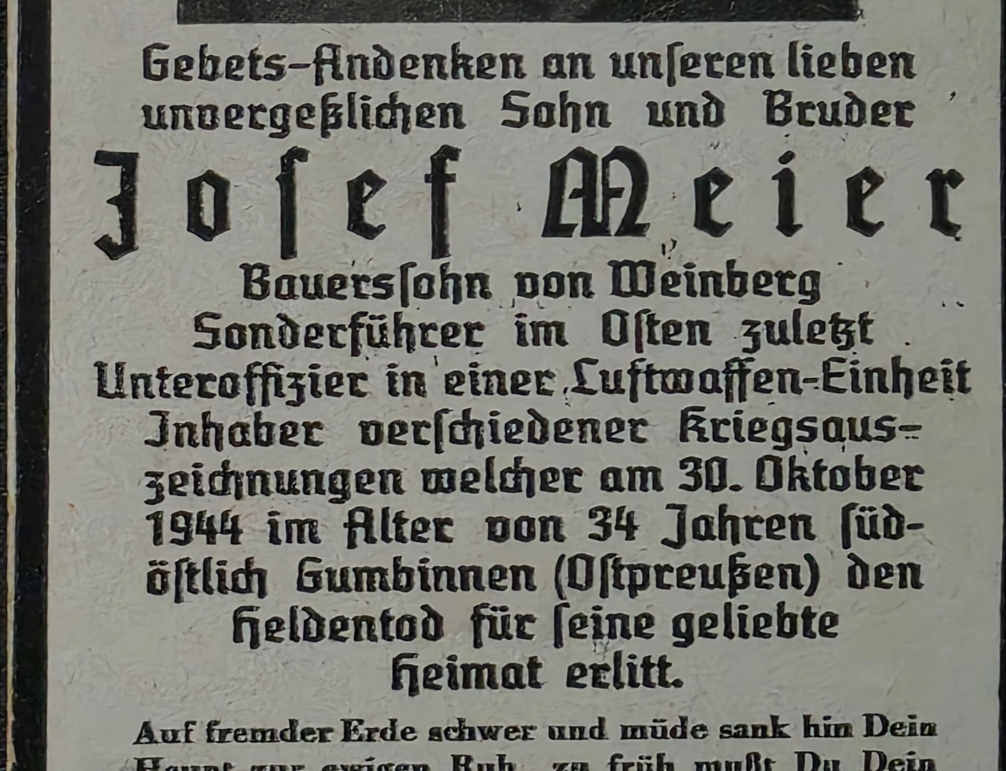 Sterbebild Sonderführer Weinberg Luftwaffen-Einheit Gumbinnen Ostpreußen