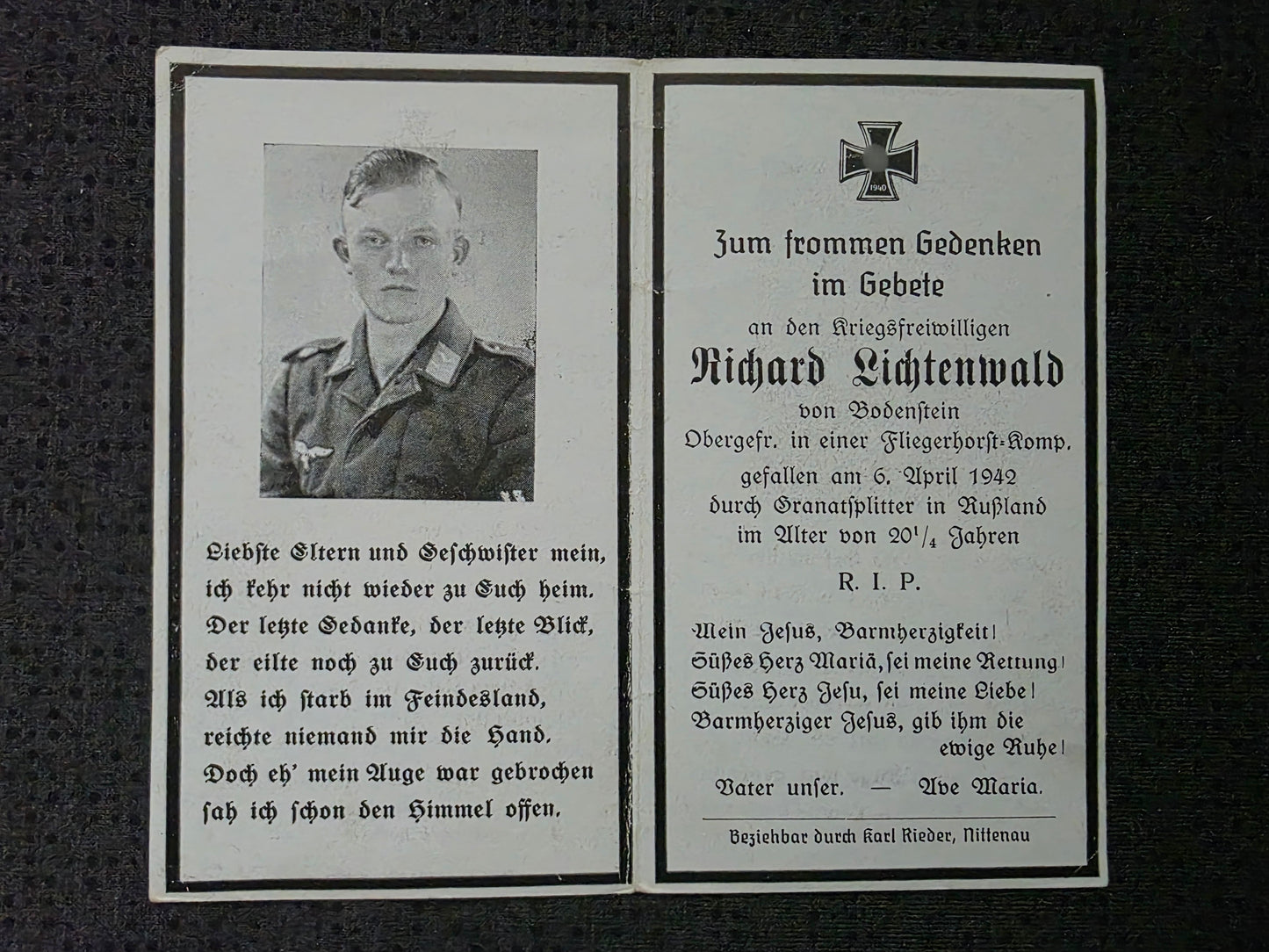 Sterbebild Obergefreiter Bodenstein 6. Komp. Feld Regt. der LW 3 Fliegerhorst Orchowno Russland