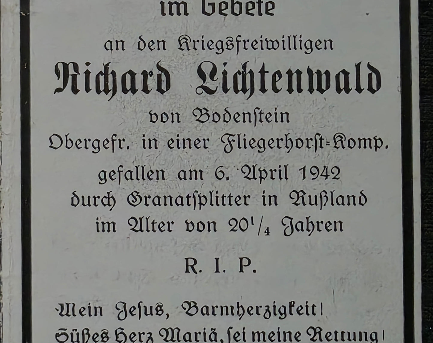 Sterbebild Obergefreiter Bodenstein 6. Komp. Feld Regt. der LW 3 Fliegerhorst Orchowno Russland