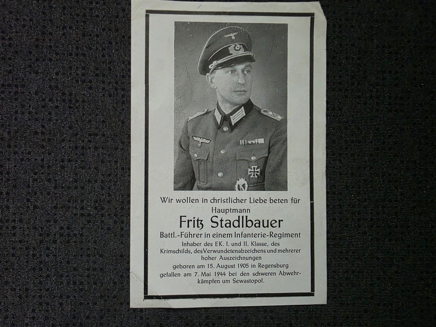 Sterbebild Hauptmann & Btl.-Führer Regensburg Stab II/Gren. Regt. 170 Krimschild Sewastopol Russland