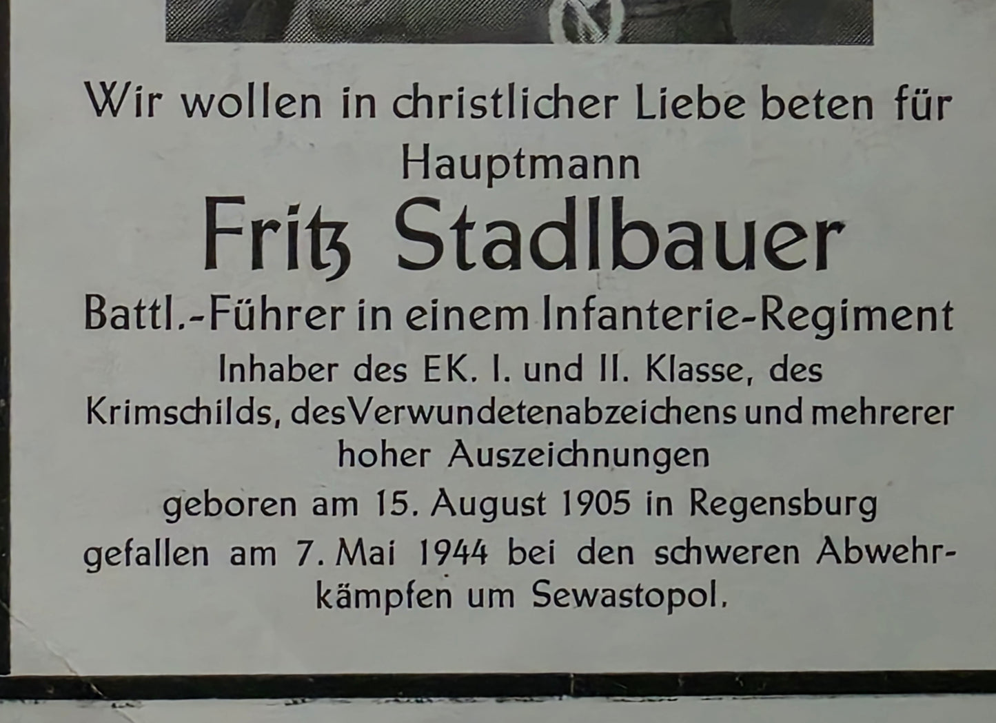 Sterbebild Hauptmann & Btl.-Führer Regensburg Stab II/Gren. Regt. 170 Krimschild Sewastopol Russland