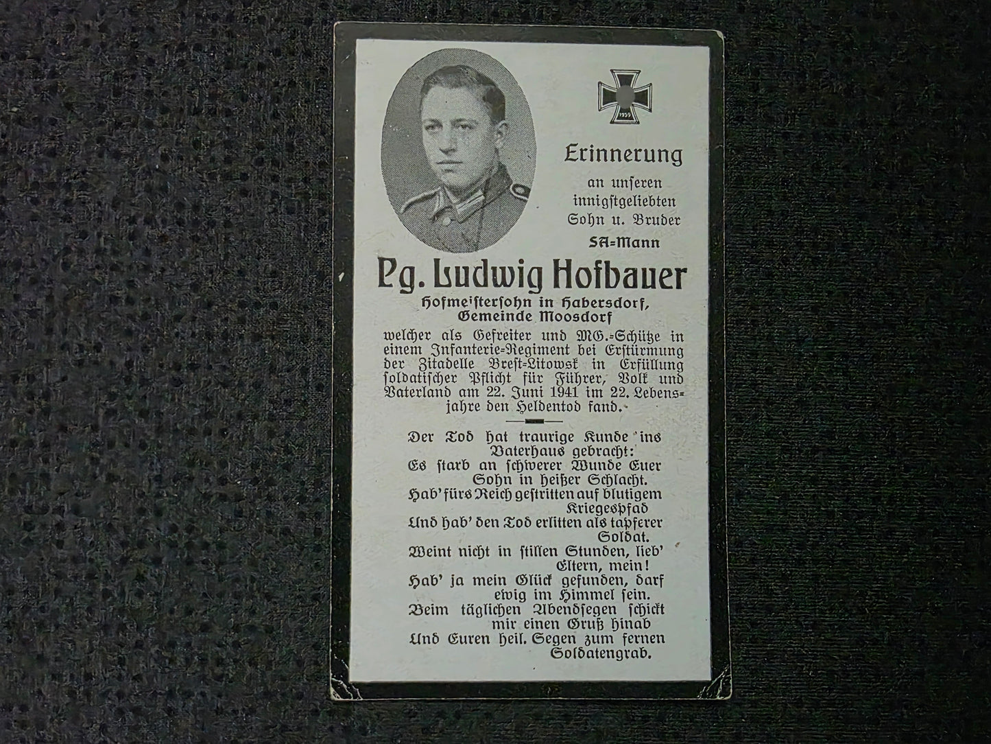 Sterbebild Gefreiter Moosdorf 1. Komp. Inf. Regt. 135 Erstürmung Zitadelle Brest-Litowsk Weissrussland
