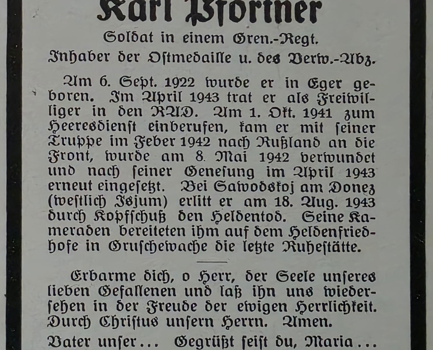 Sterbebild Grenadier Eger 7. Komp. Gren. Regt. 477 Isjum Russland