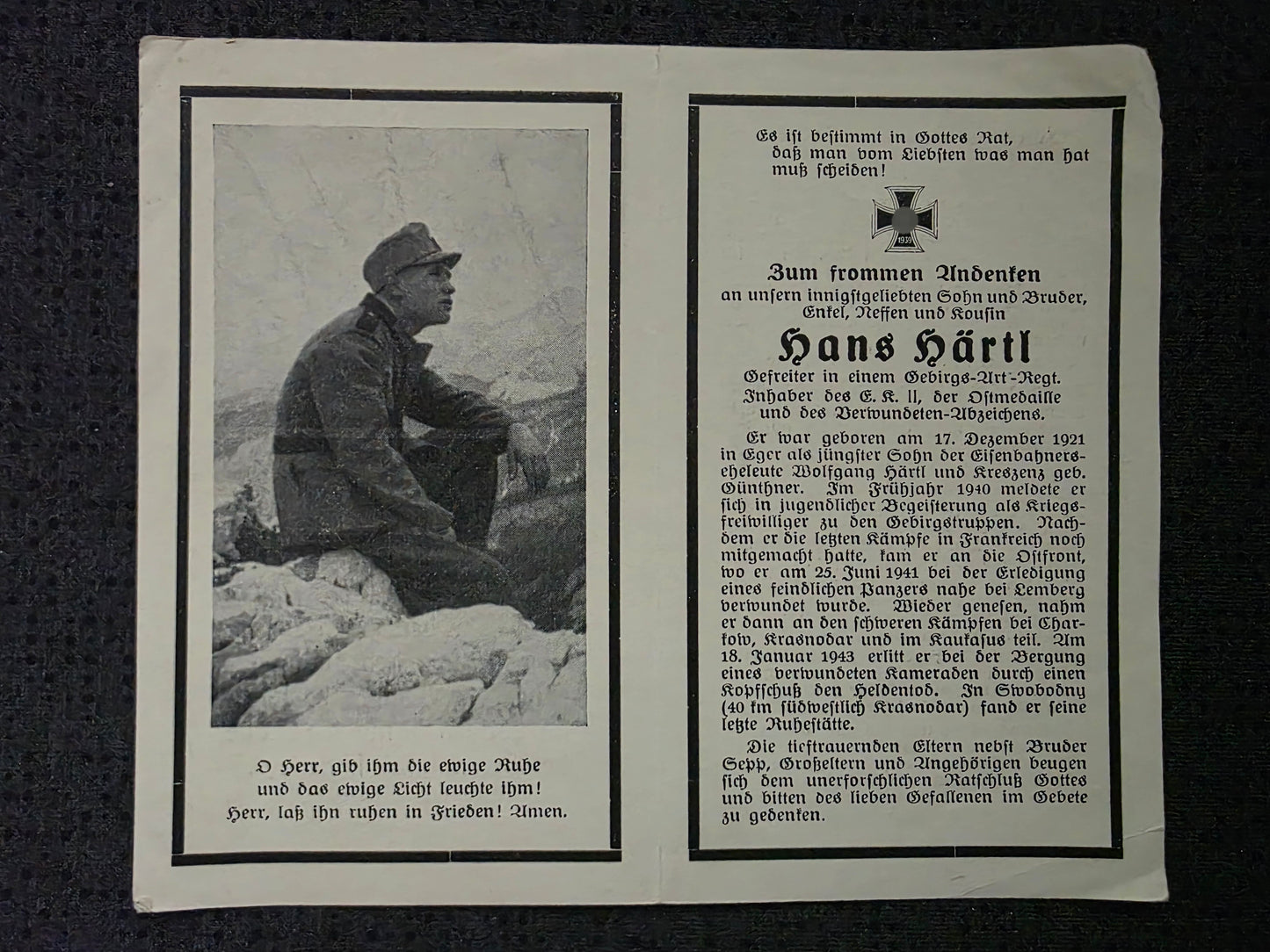 Sterbebild Gefreiter Eger 2. Batterie Art. Regt. 81 Swobodnyj Krasnodar Russland