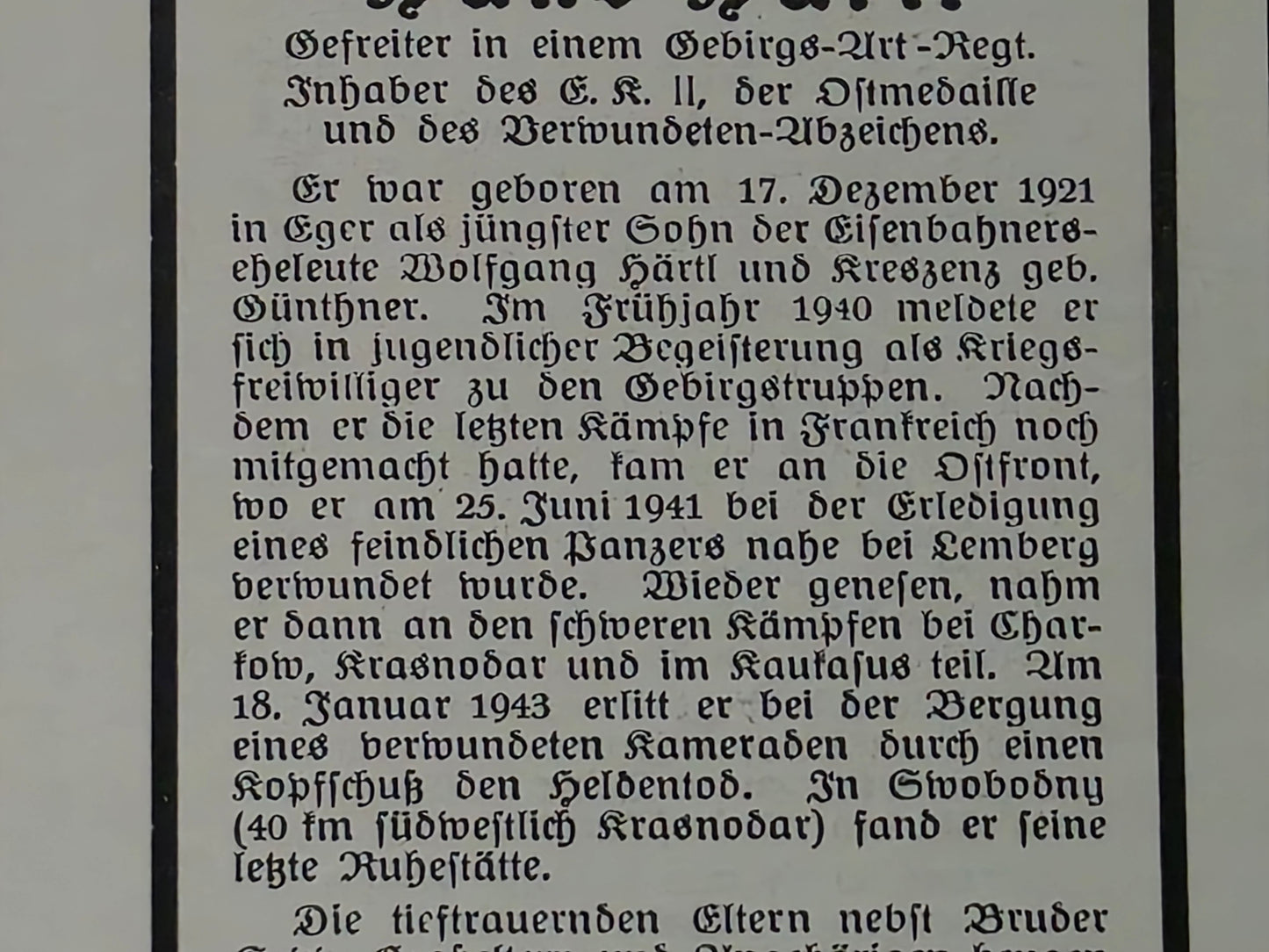 Sterbebild Gefreiter Eger 2. Batterie Art. Regt. 81 Swobodnyj Krasnodar Russland