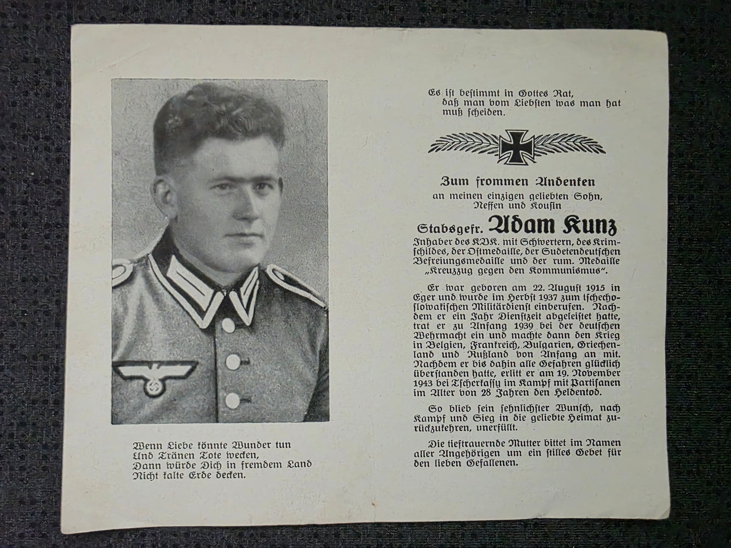 Sterbebild Stabsgefreiter Eger 2. Batterie Art. Regt. 172 Krimschild Rumänische Med. "Kreuzzug gegen den Kommunismus" Golowjatino Ukraine
