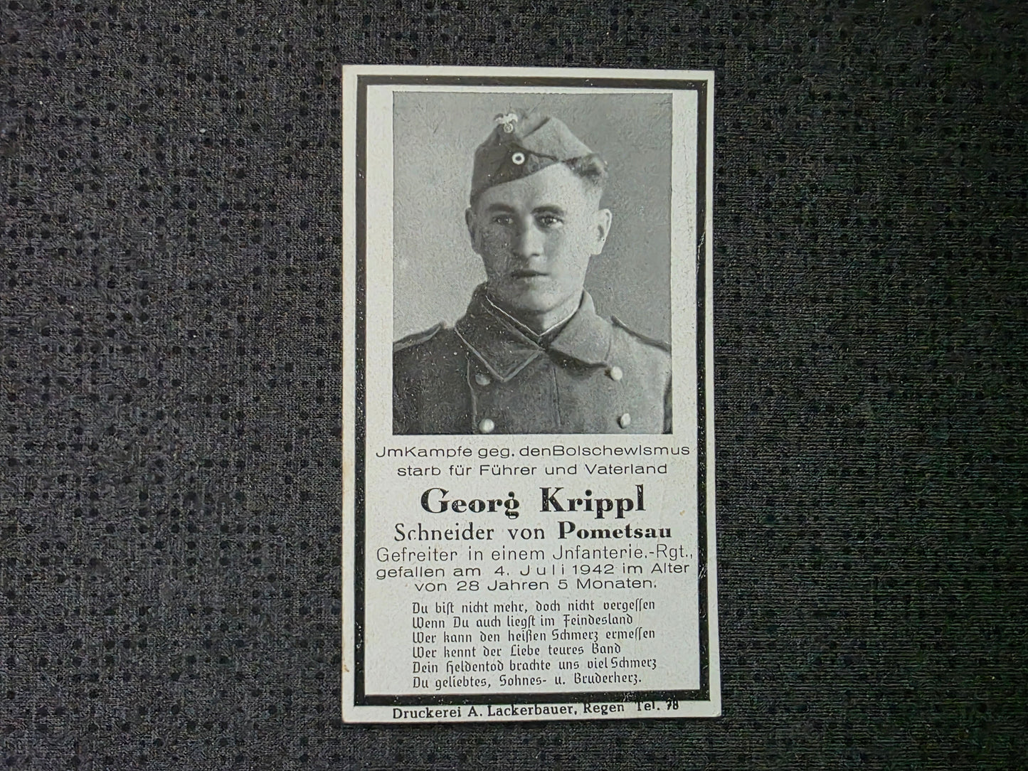 Sterbebild Gefreiter Pometsau 10. Komp. Inf. Regt. 212 Walujki Russland