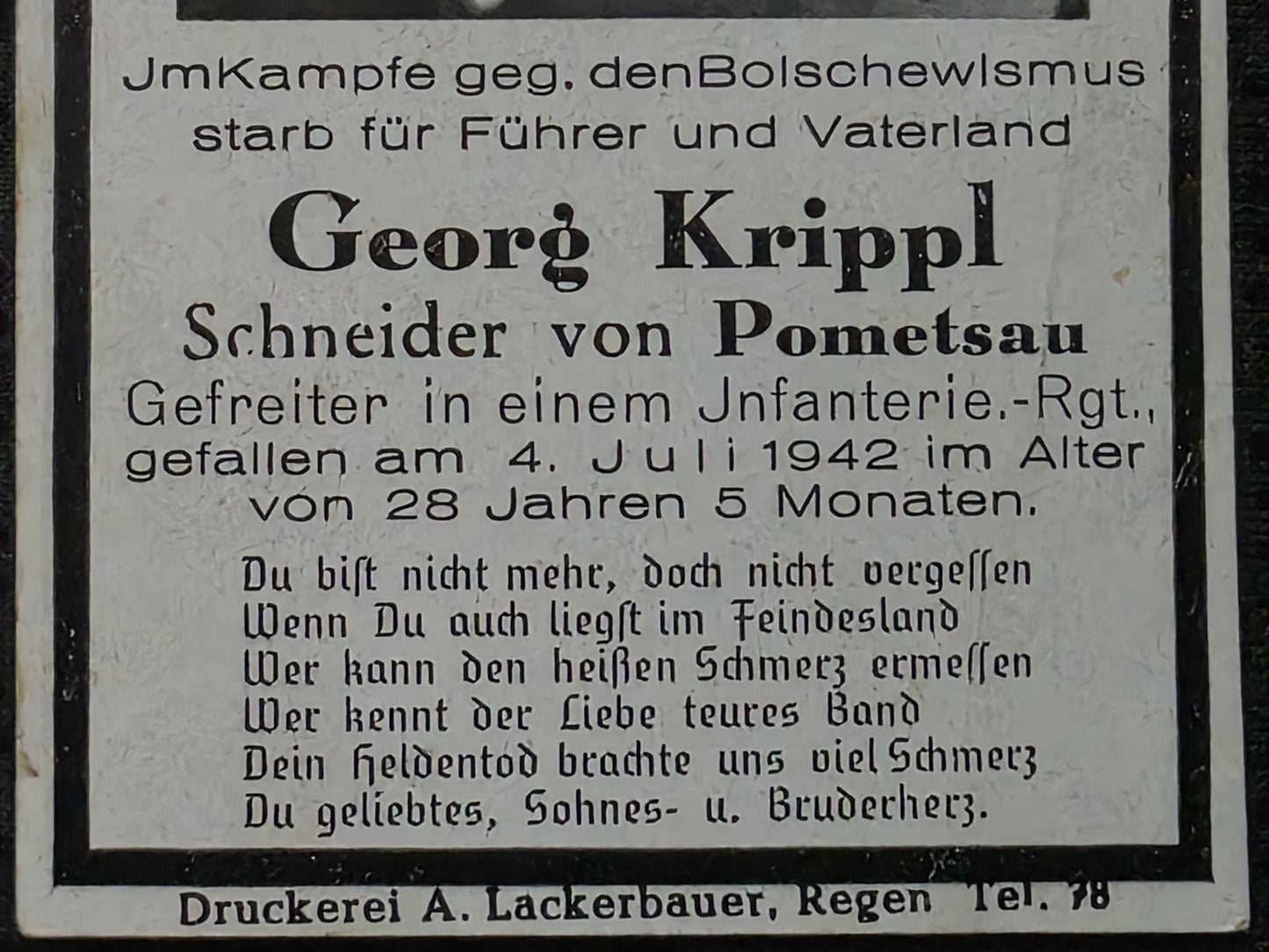 Sterbebild Gefreiter Pometsau 10. Komp. Inf. Regt. 212 Walujki Russland