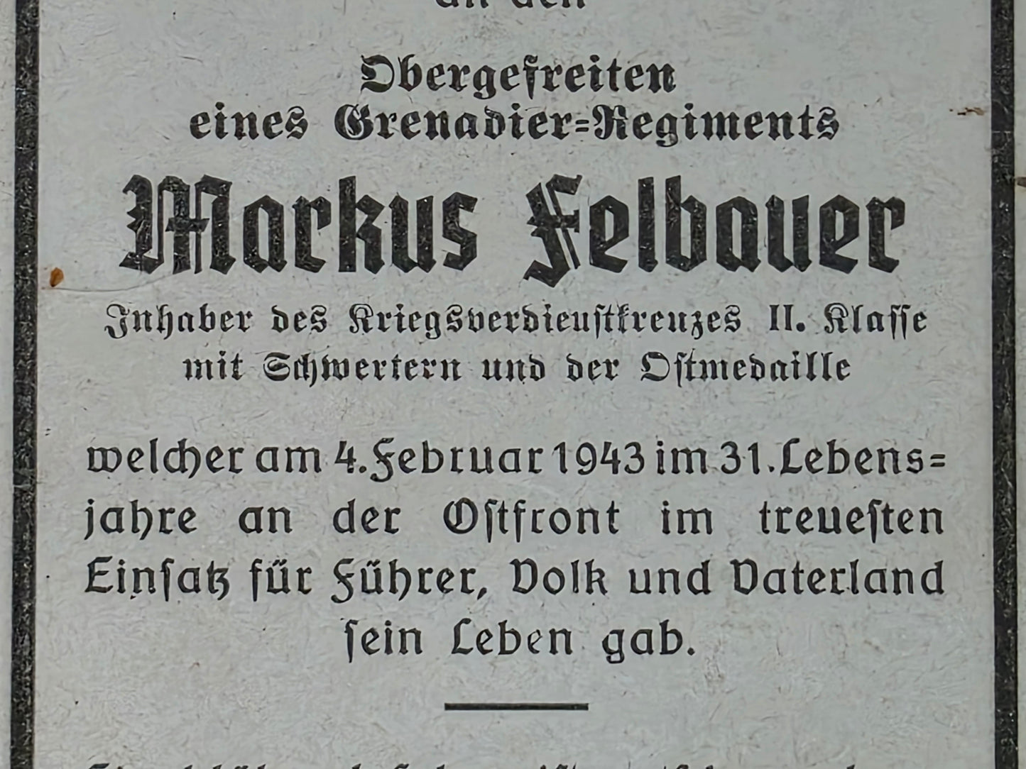 Sterbebild Obergefreiter Garsten Komp. Gren. Regt. 133 Sarniza Russland