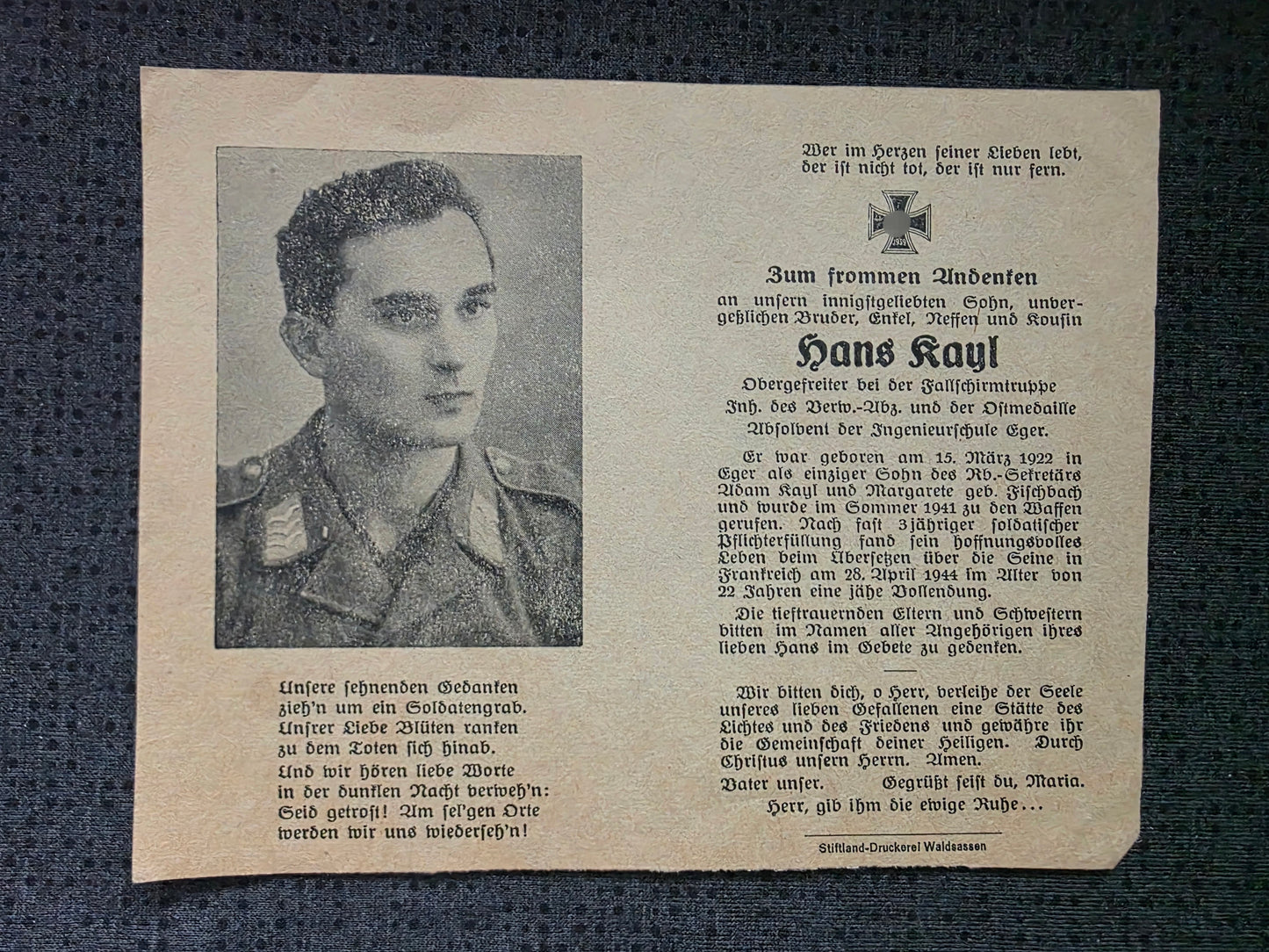 Sterbebild Obergefreiter Eger 2. Korps Aufklärungs-Abt. 2 Fallschirmtruppe Thomery Frankreich