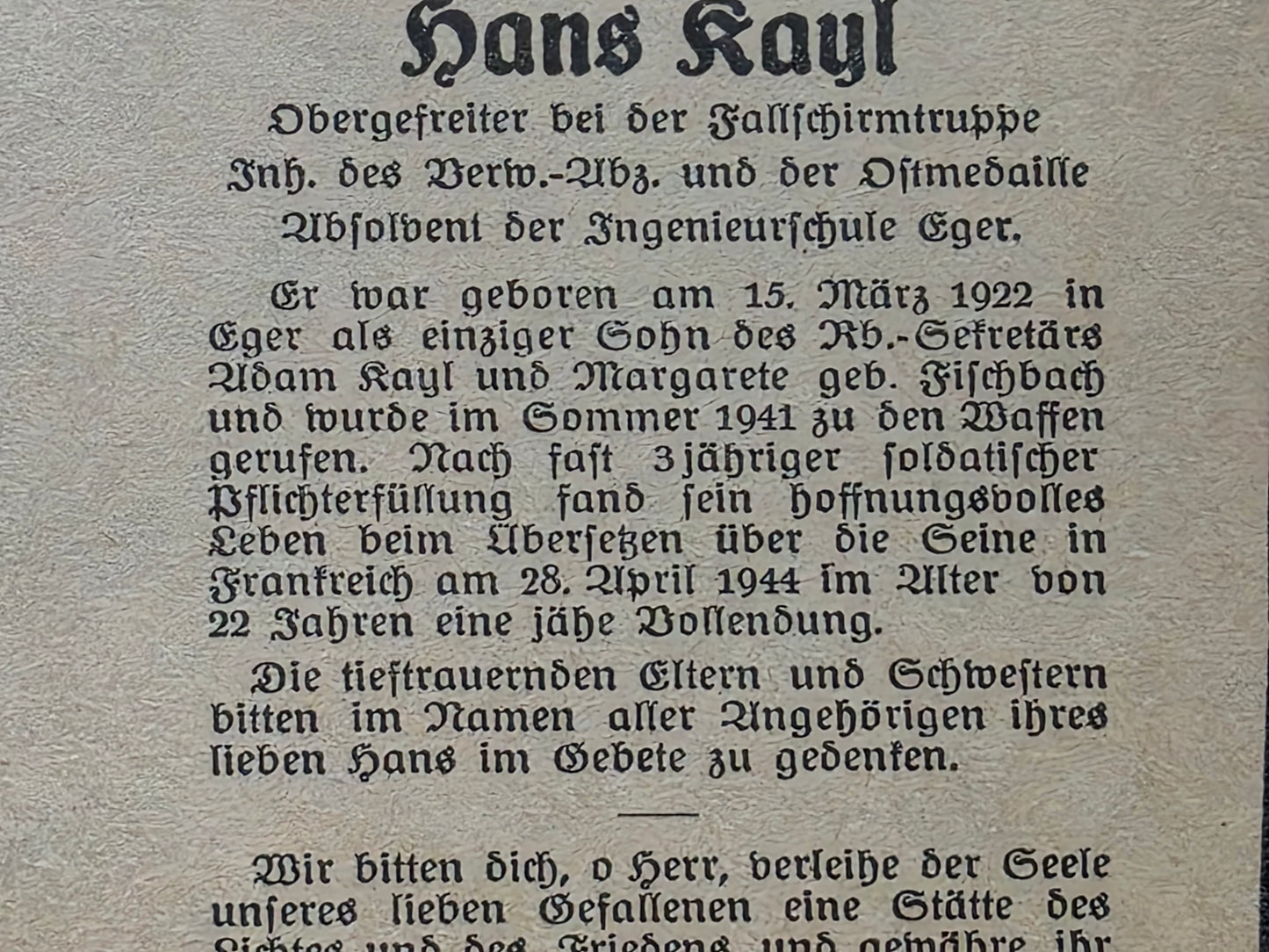 Sterbebild Obergefreiter Eger 2. Korps Aufklärungs-Abt. 2 Fallschirmtruppe Thomery Frankreich